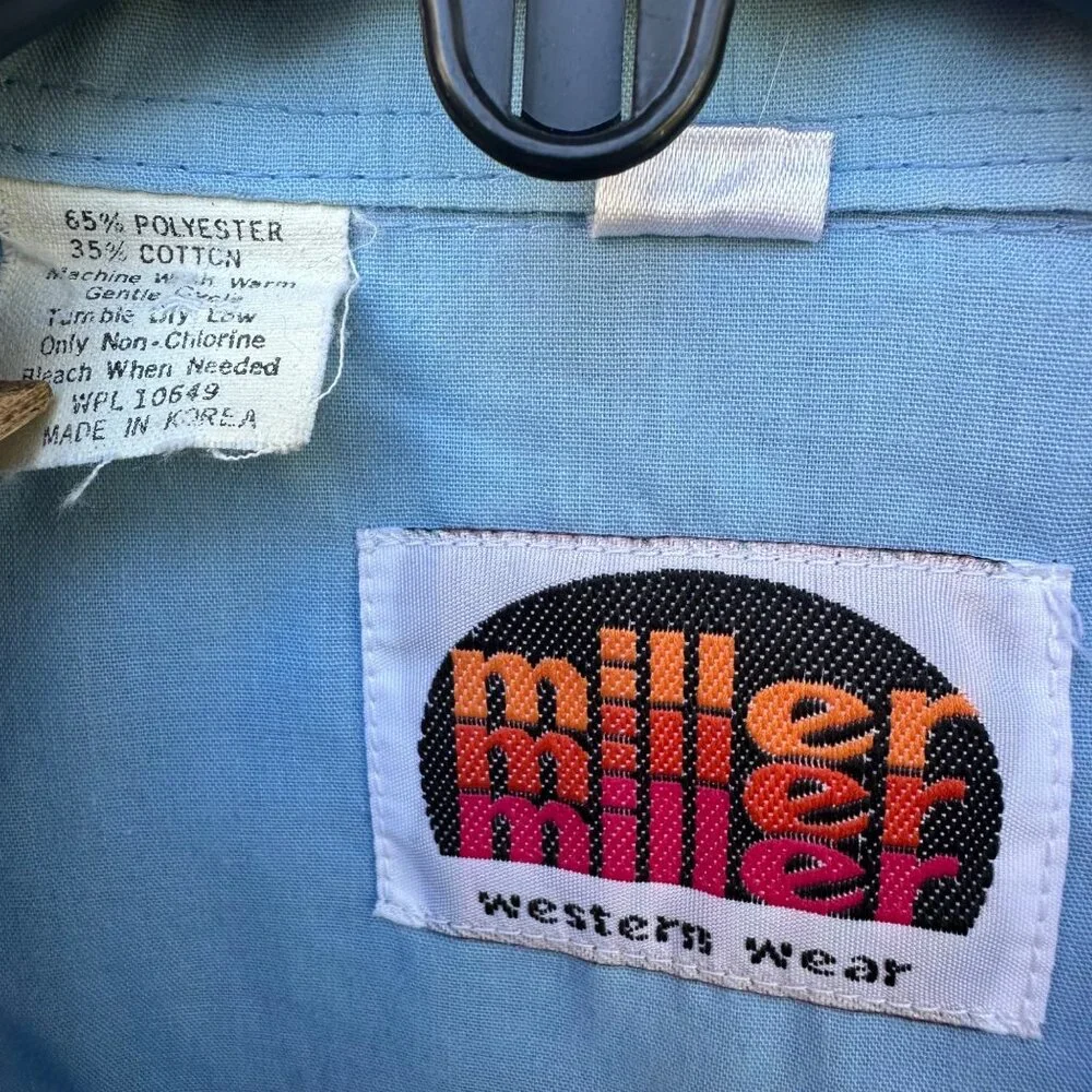 Vintage Miller Miller Miller Western Pearl Snap Button Down Blue Shirt Size 15.5 - Picture 2 of 11